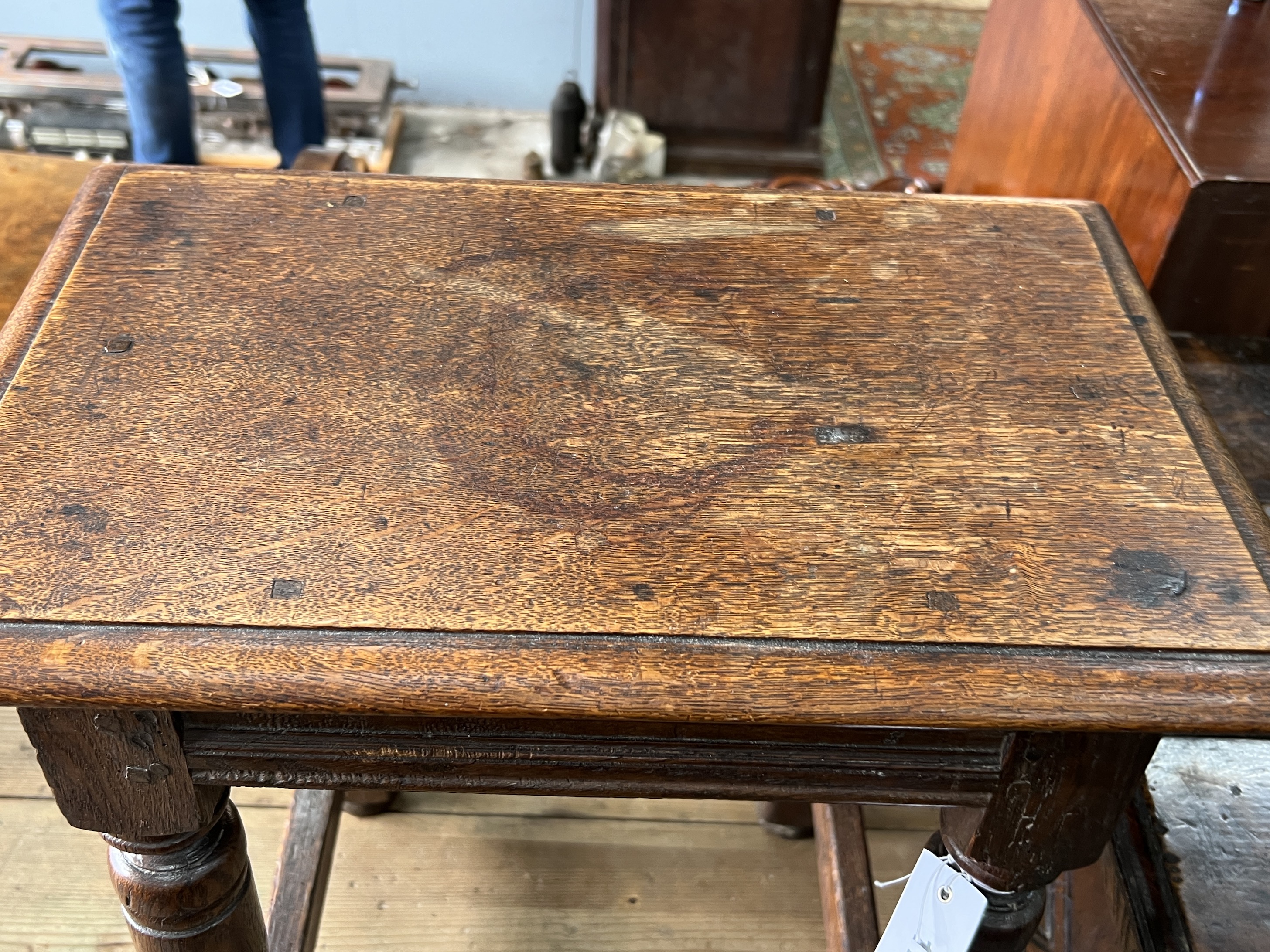 An early 18th century and later rectangular oak joynt stool (a.f.), width 44cm, depth 28cm, height 54cm
